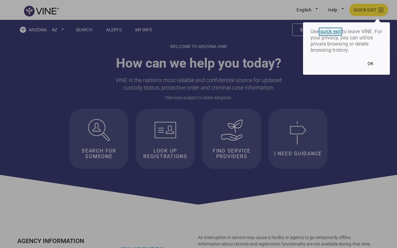 VINELink Arizona custody search and notification interface