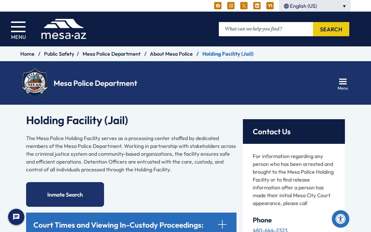 Mesa Police Holding Facility information page