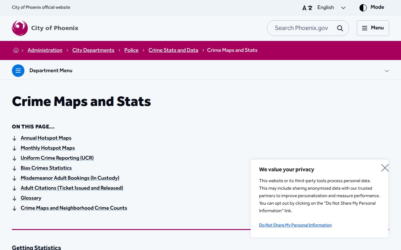 Phoenix Police crime statistics page