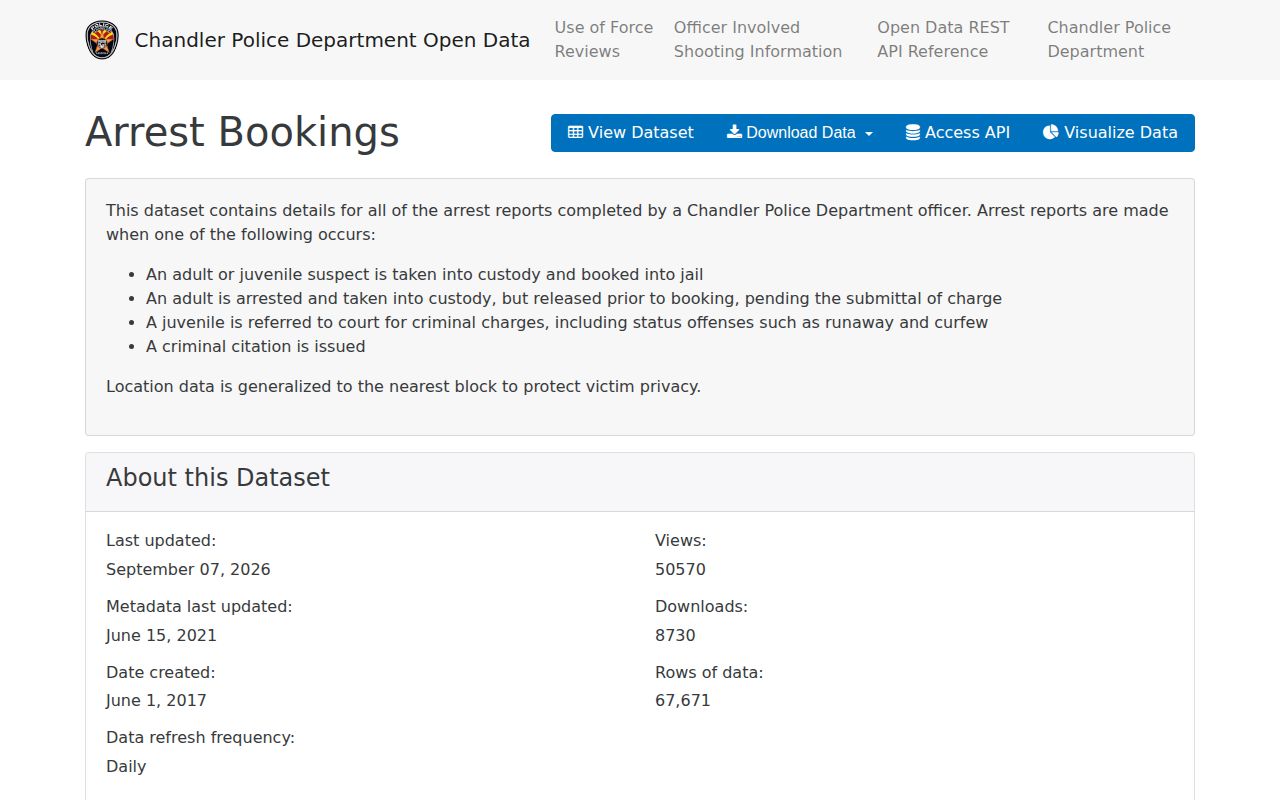 Chandler Police official arrest bookings open-data catalog