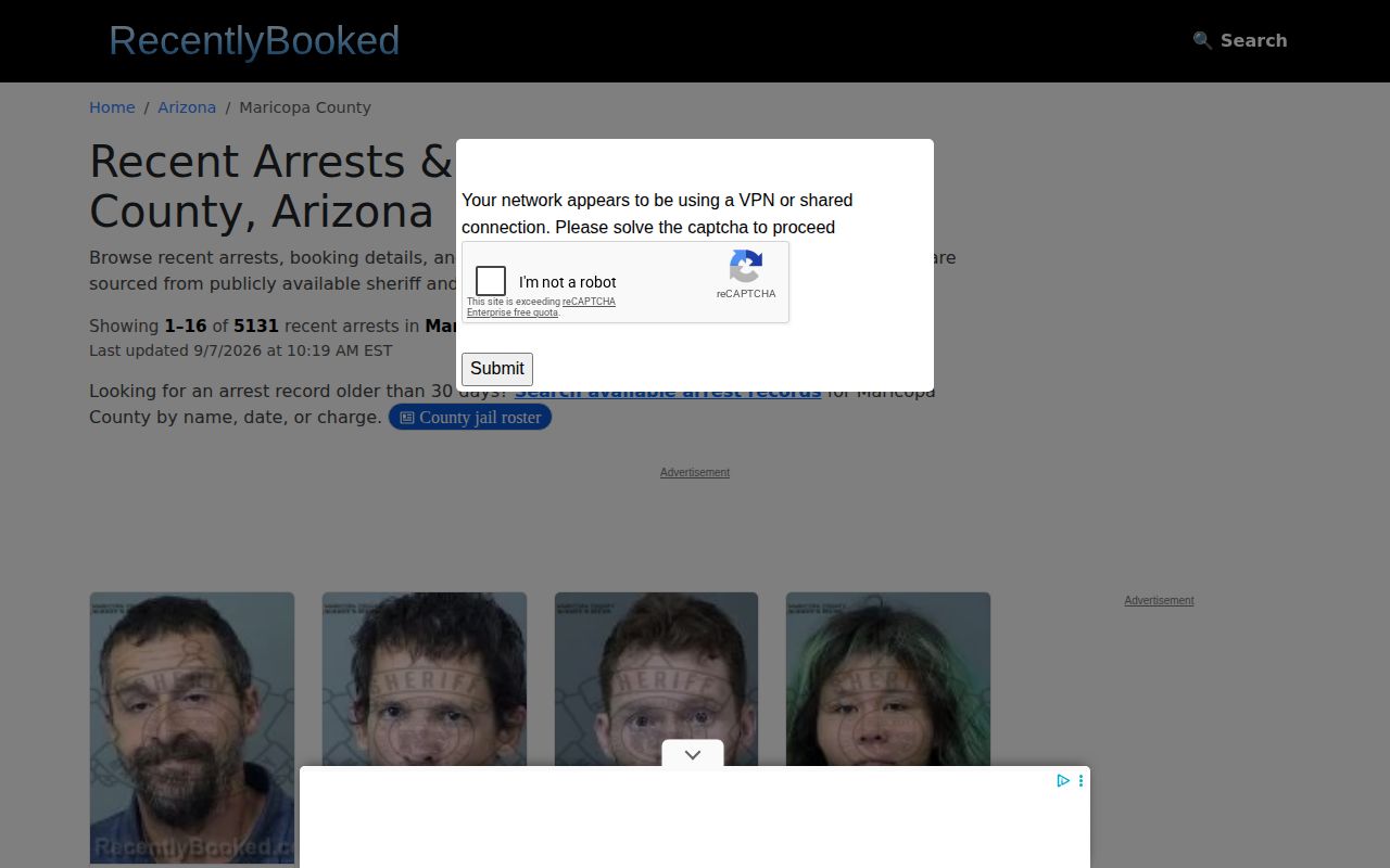 Unofficial RecentlyBooked Maricopa County page shown for source comparison